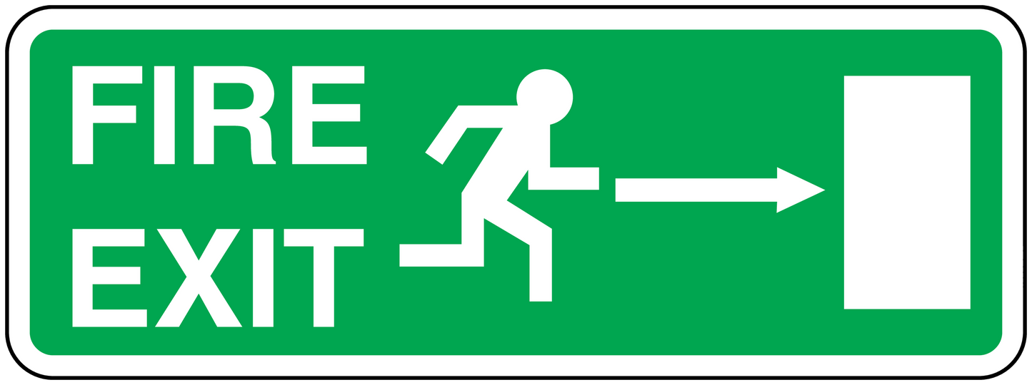 Green fire exit sticker with white FIRE EXIT text, arrows, and door icon