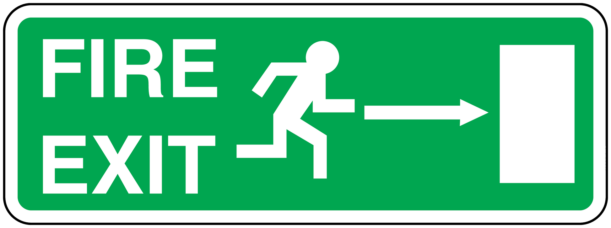 Green fire exit sticker with white FIRE EXIT text, arrows, and door icon