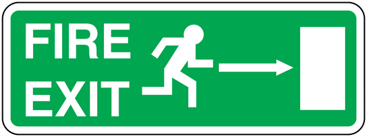 Green fire exit sticker with white FIRE EXIT text, arrows, and door icon
