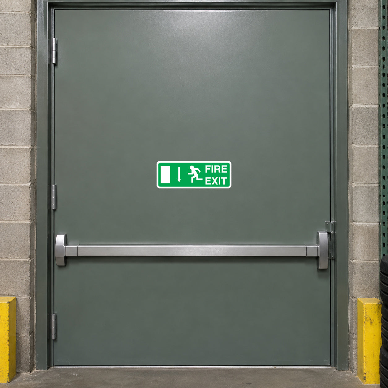 Fire exit sticker with green illuminated EXIT arrow and running figure sign