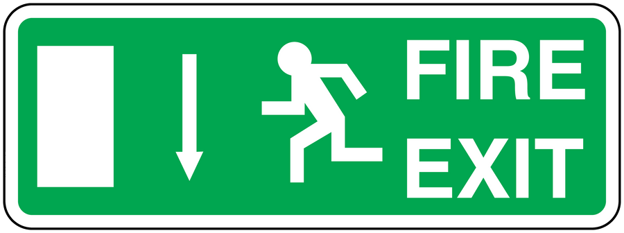 Green fire exit sticker with white FIRE EXIT text and right-pointing escape icon