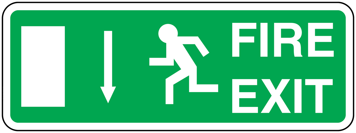Green fire exit sticker with white FIRE EXIT text and right-pointing escape icon