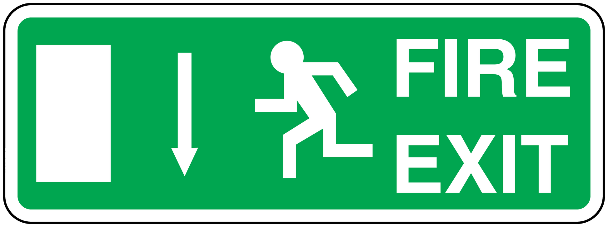 Green fire exit sticker with white FIRE EXIT text and right-pointing escape icon