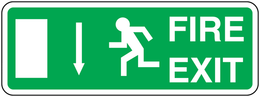 Green fire exit sticker with white FIRE EXIT text and right-pointing escape icon