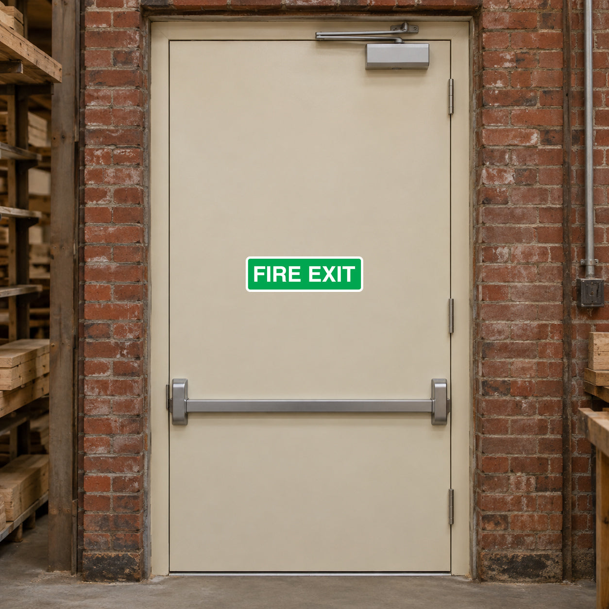 Green rectangular Fire Exit sticker with white “FIRE EXIT” text
