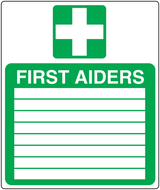 Green first aiders sticker with white cross, “FIRST AIDERS” text, and lined panel