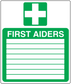 Green first aiders sticker with white cross, “FIRST AIDERS” text, and lined panel