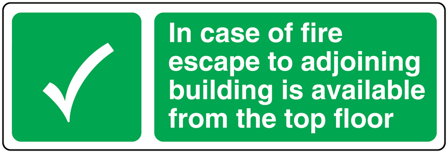 Safety fire escape sticker with checkmark and text: In case of fire, escape available.