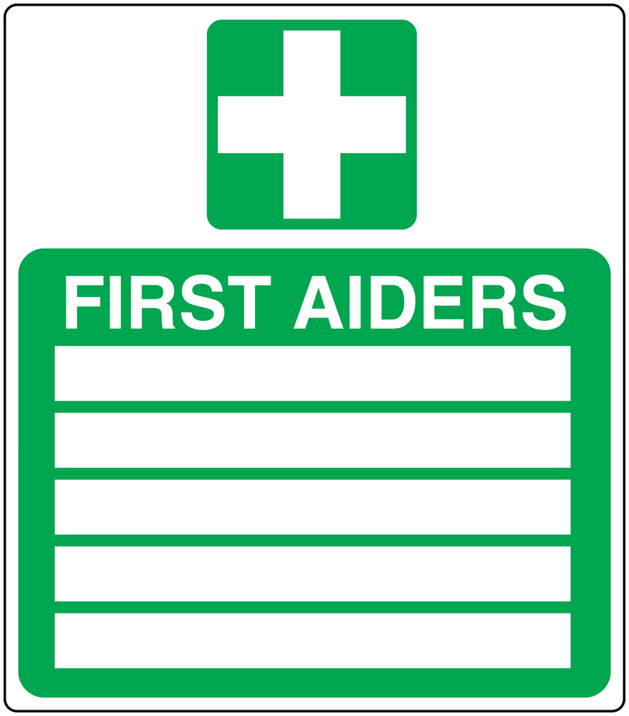 Emergency first aiders sticker: green sign with white cross, 'FIRST AIDERS' and stripes
