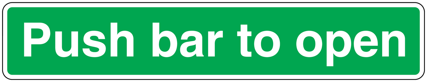 Safety sign sticker, green with white text: Push bar to open.