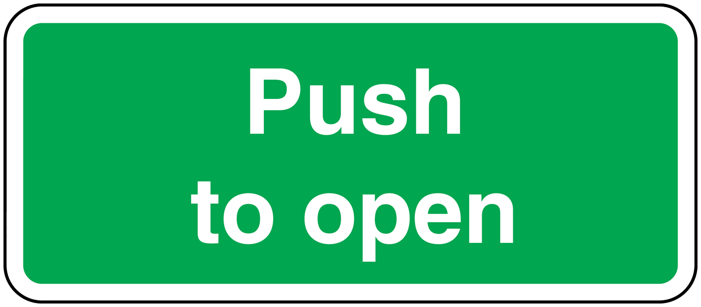 Green safety sign sticker with white border reading “Push to open”
