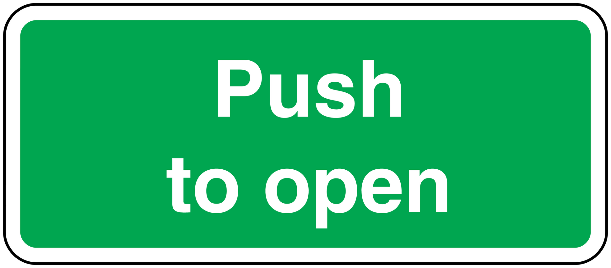 Green safety sign sticker with white border reading “Push to open”
