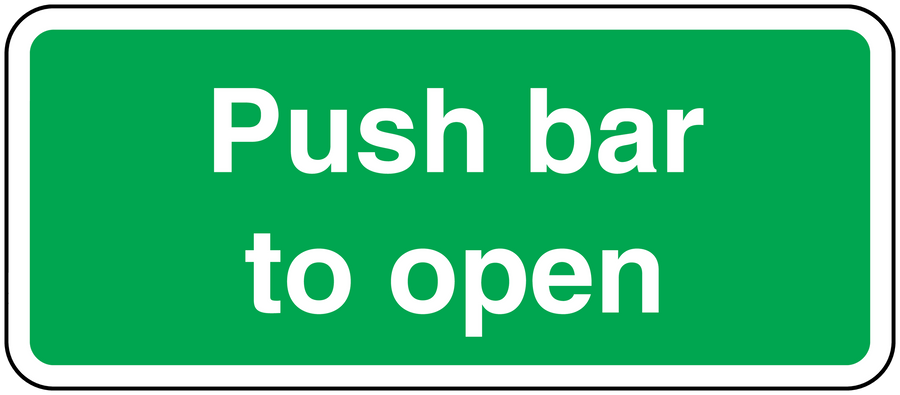Safety sign sticker with rounded border and white text: Push bar to open