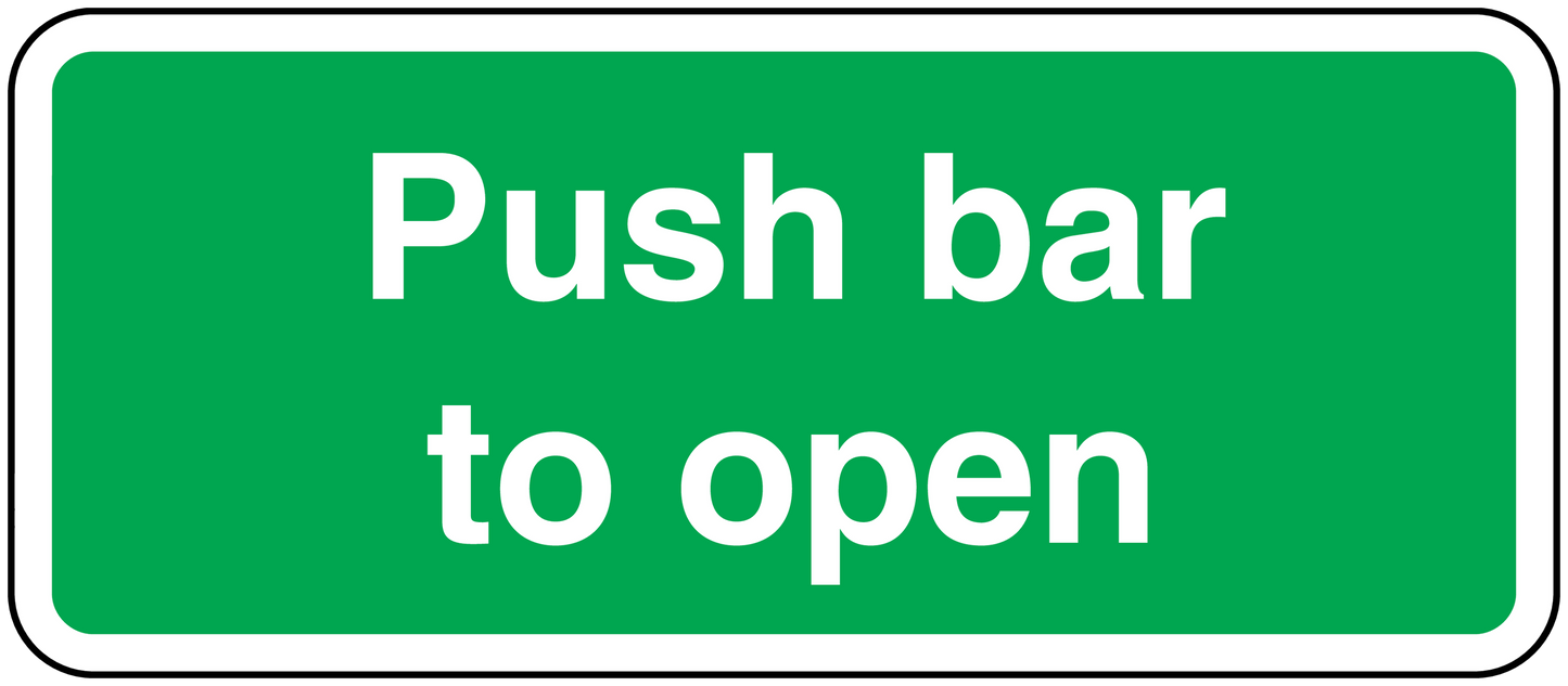 Safety sign sticker with rounded border and white text: Push bar to open