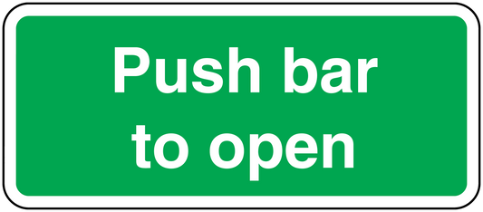 Safety sign sticker with rounded border and white text: Push bar to open