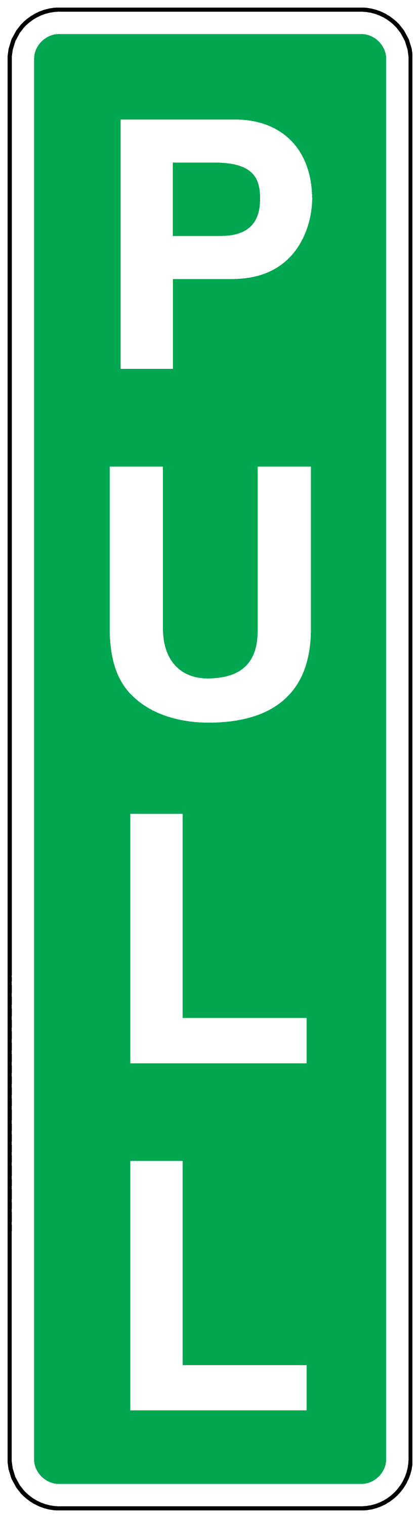 Green pull sticker with stacked white P U L L letters and white border