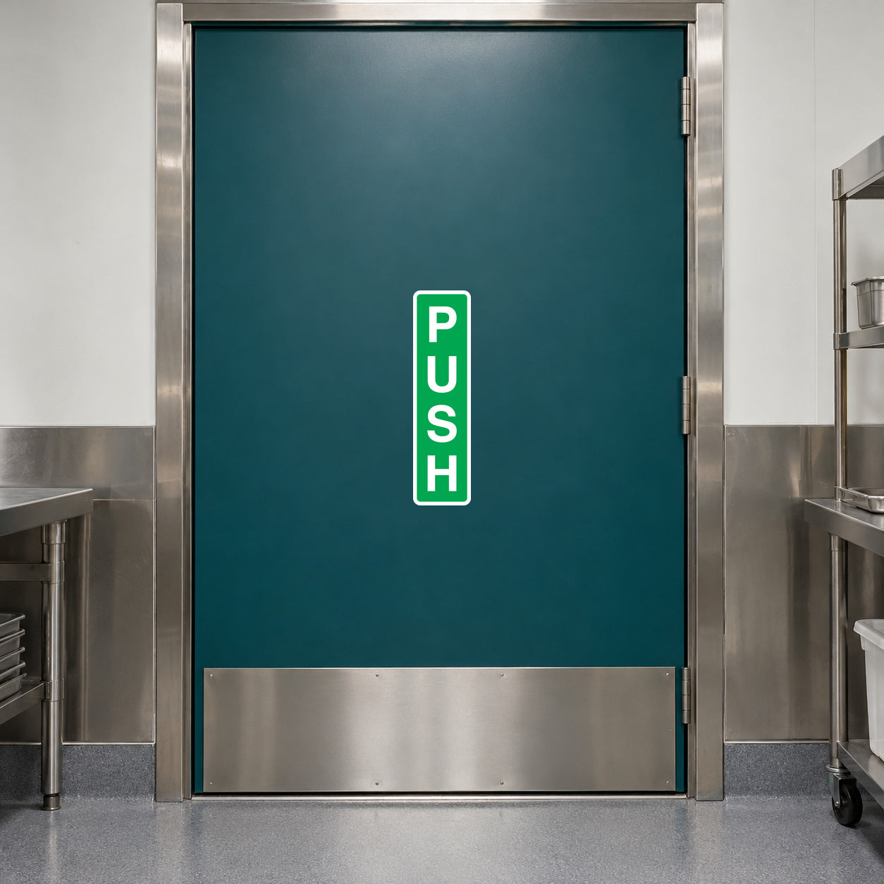 Green vertical PUSH safety sign sticker with white letters on a door