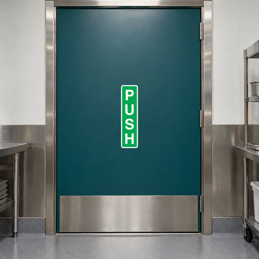 Green vertical PUSH safety sign sticker with white letters on a door