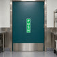 Green vertical PUSH safety sign sticker with white letters on a door