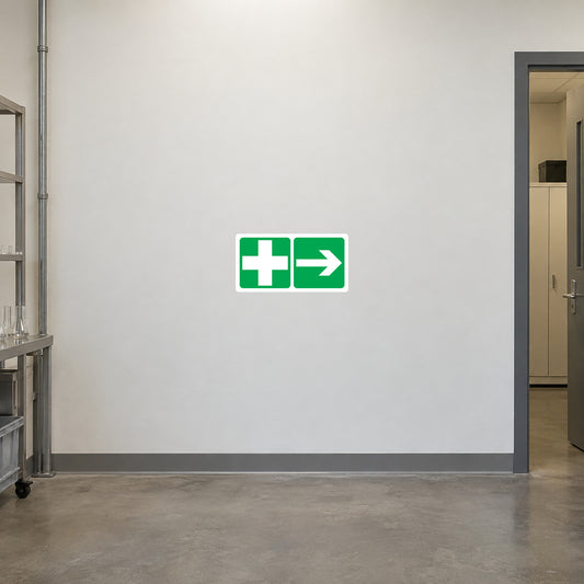 First aid right arrow sticker with green cross icon