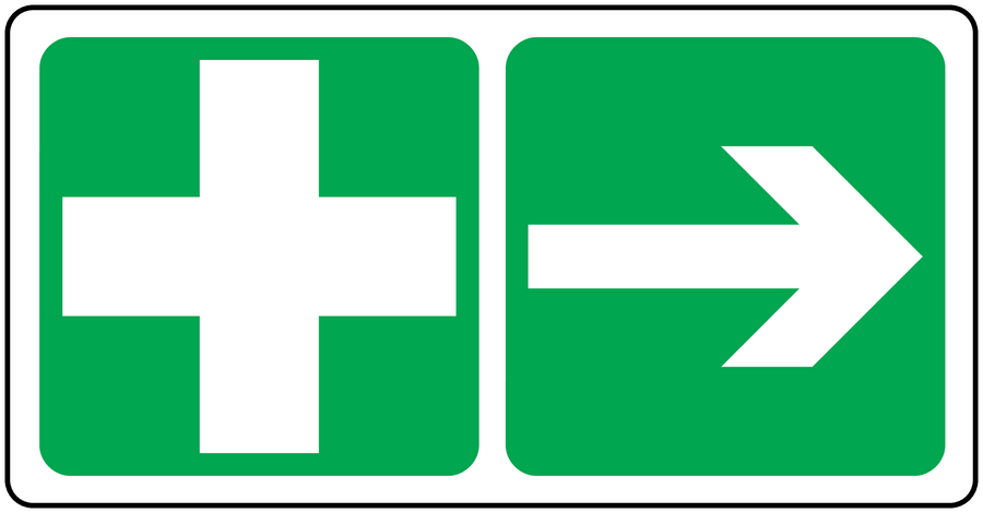First aid right arrow sticker, green panel with white cross and right arrow