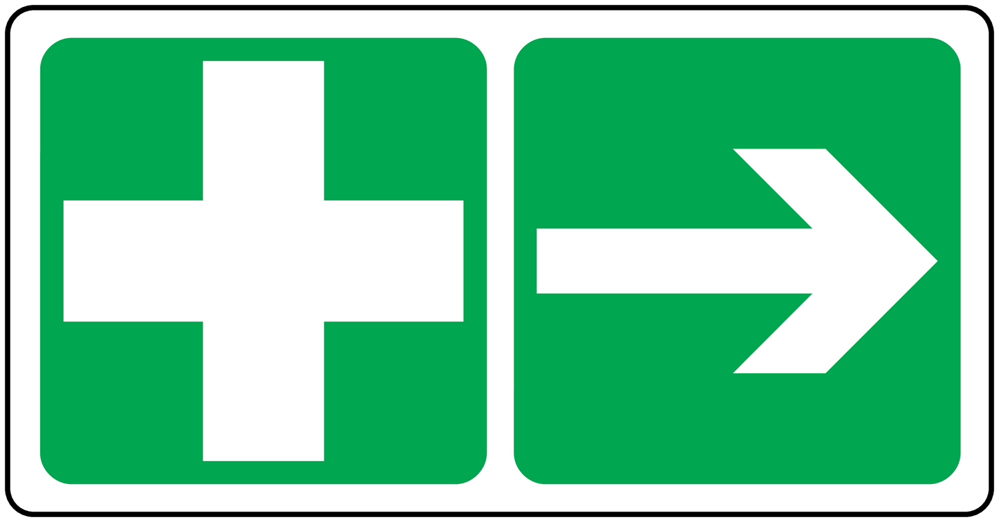 First aid right arrow sticker, green panel with white cross and right arrow