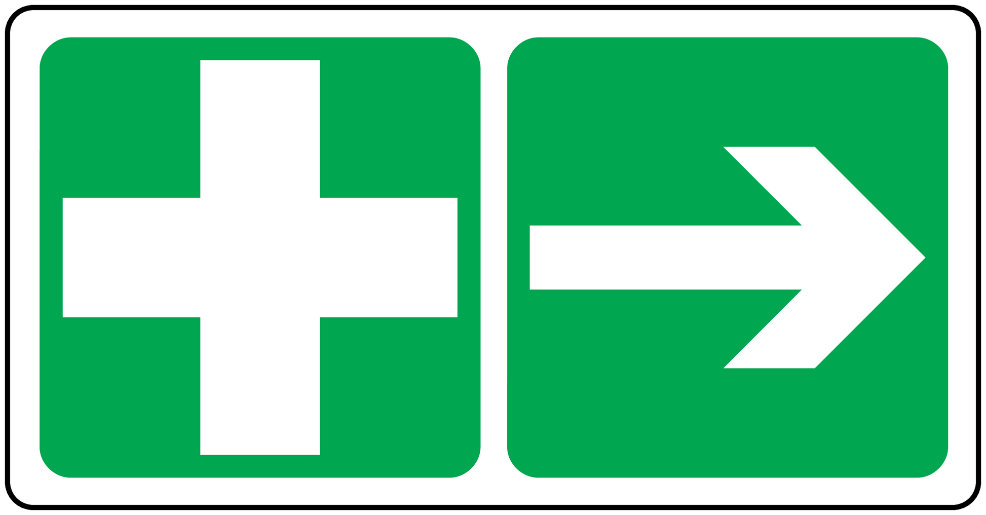 First aid right arrow sticker, green panel with white cross and right arrow