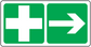 First aid right arrow sticker, green panel with white cross and right arrow