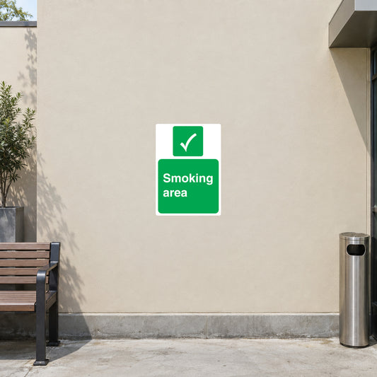 Green Smoking area safety sign sticker with checkmark icon, rectangular