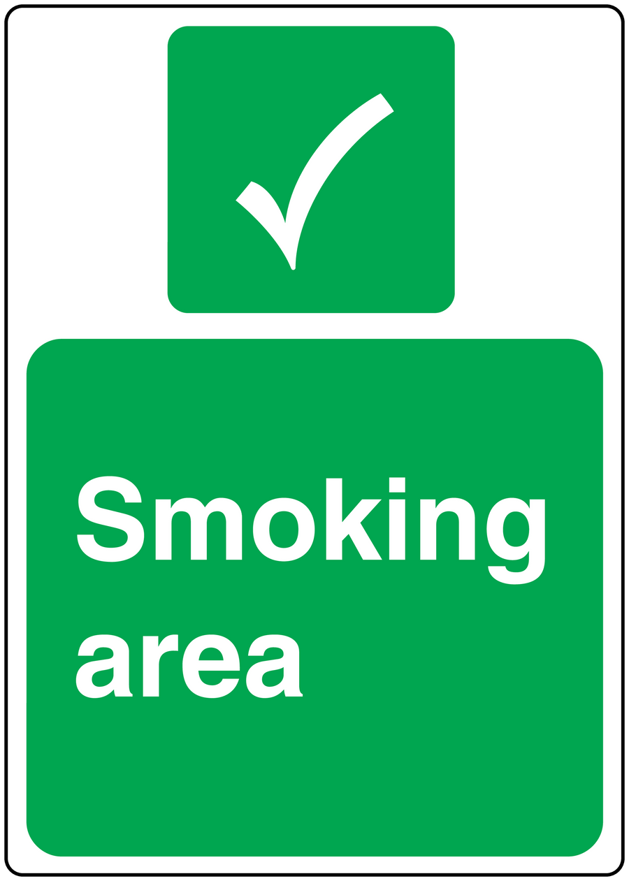 Smoking area safety sign sticker, green with check mark and white text