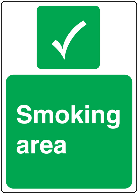 Smoking area safety sign sticker, green with check mark and white text