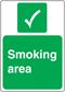 Smoking area safety sign sticker, green with check mark and white text