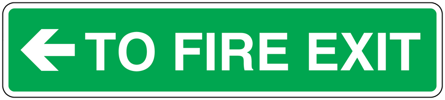 Fire exit safety sticker: green with white left arrow and 'TO FIRE EXIT' text