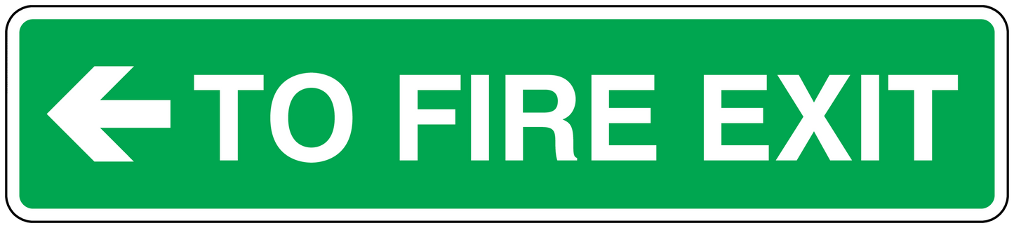 Fire exit safety sticker: green with white left arrow and 'TO FIRE EXIT' text