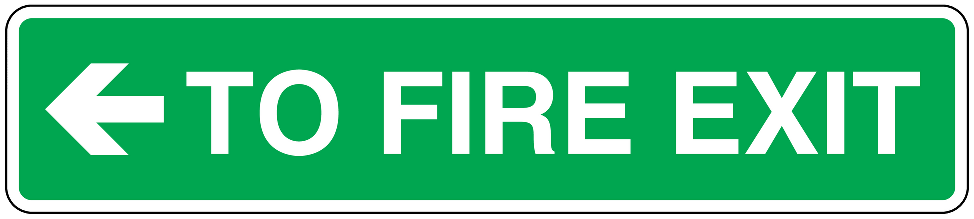 Fire exit safety sticker: green with white left arrow and 'TO FIRE EXIT' text
