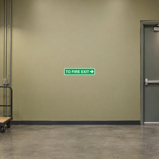 Fire exit safety sign sticker, green-bordered 'TO FIRE EXIT' arrow