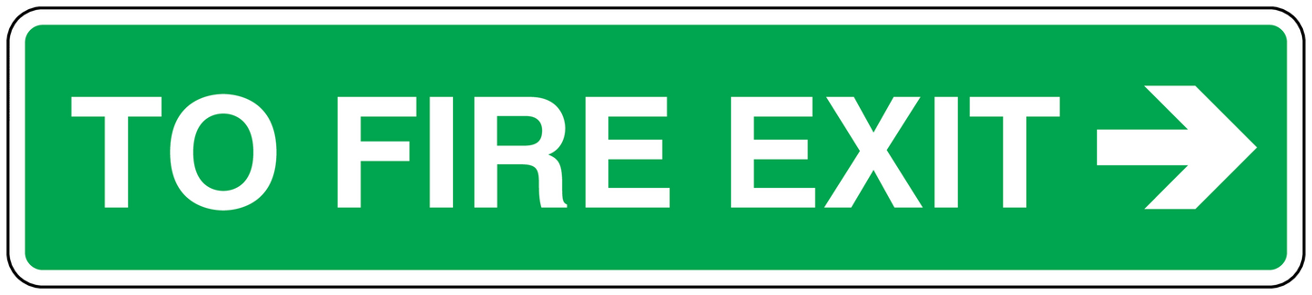 Green fire exit safety sign sticker: 'TO FIRE EXIT' with right arrow