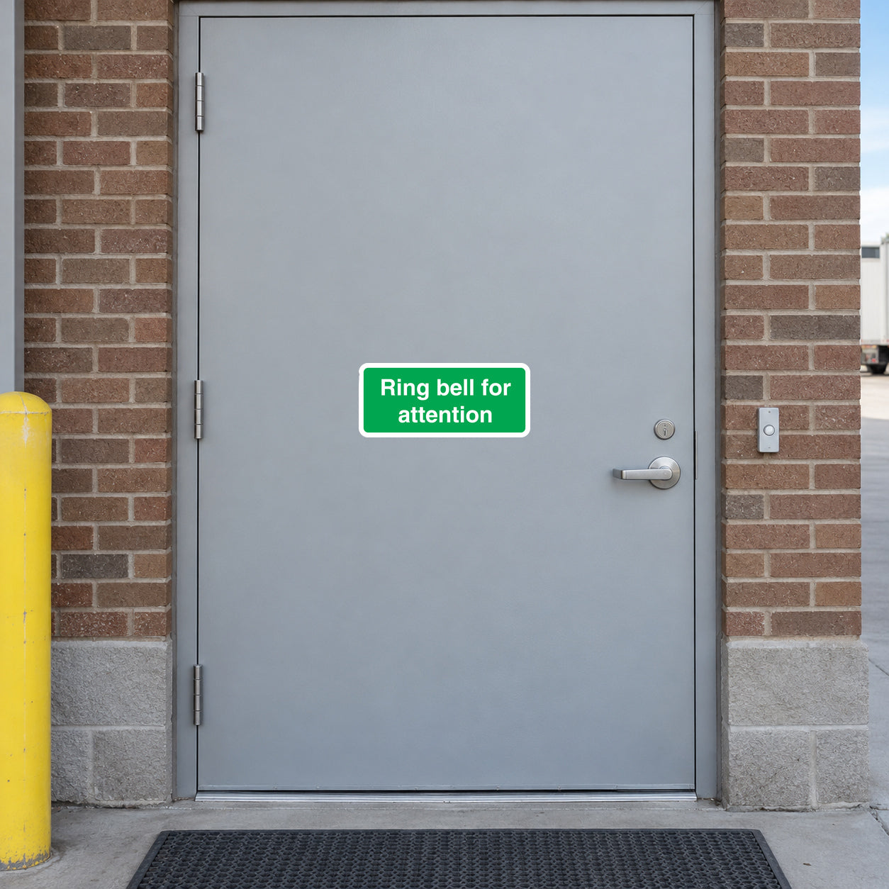 Attention bell message sticker, green with white 'Ring bell for attention' text