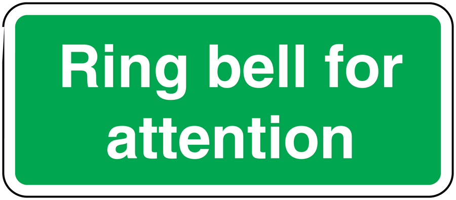 Green ring bell for attention sticker with white rounded border and bold text