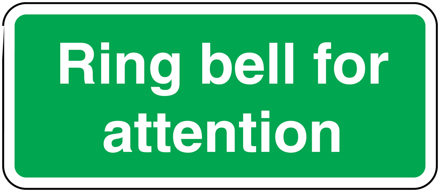 Green ring bell for attention sticker with white rounded border and bold text