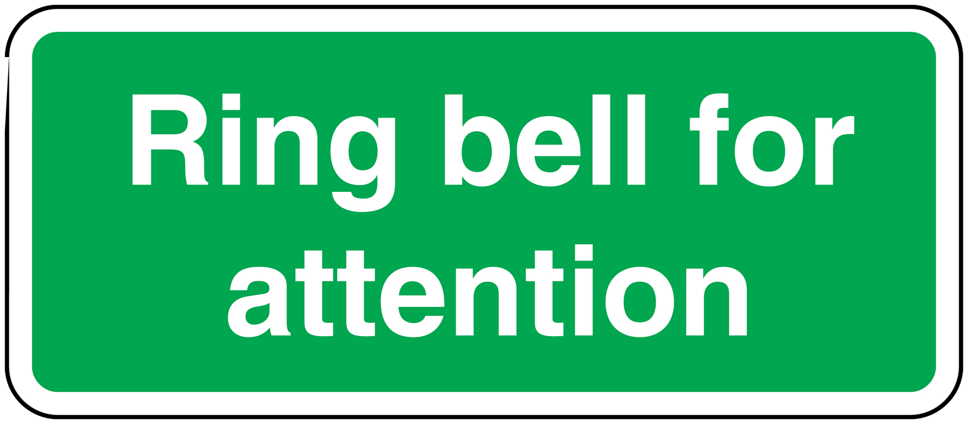 Green ring bell for attention sticker with white rounded border and bold text
