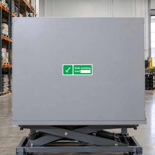 Safe working load sticker with green checkmark and label text