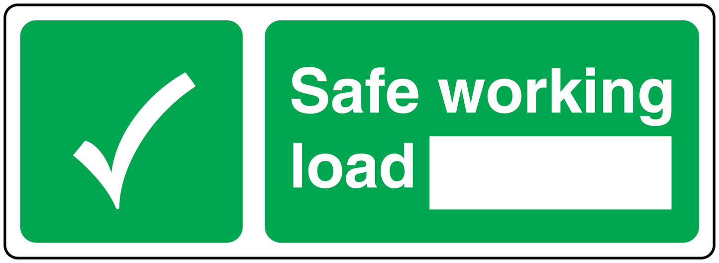 Green safe working load sticker with checkmark and blank load field