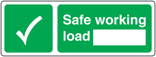 Green safe working load sticker with checkmark and blank load field