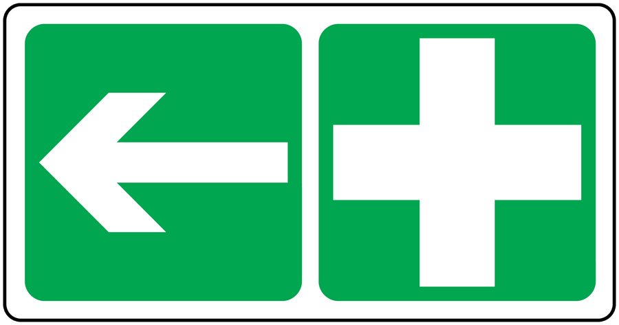 Arrow and cross straight sticker, green with white symbols, rectangular with rounded corners