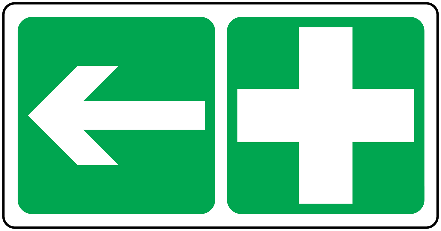 Arrow and cross straight sticker, green with white symbols, rectangular with rounded corners