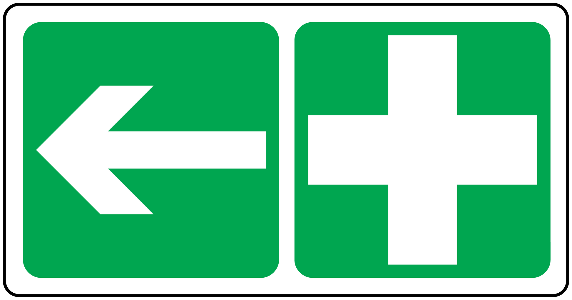Arrow and cross straight sticker, green with white symbols, rectangular with rounded corners
