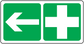 Arrow and cross straight sticker, green with white symbols, rectangular with rounded corners