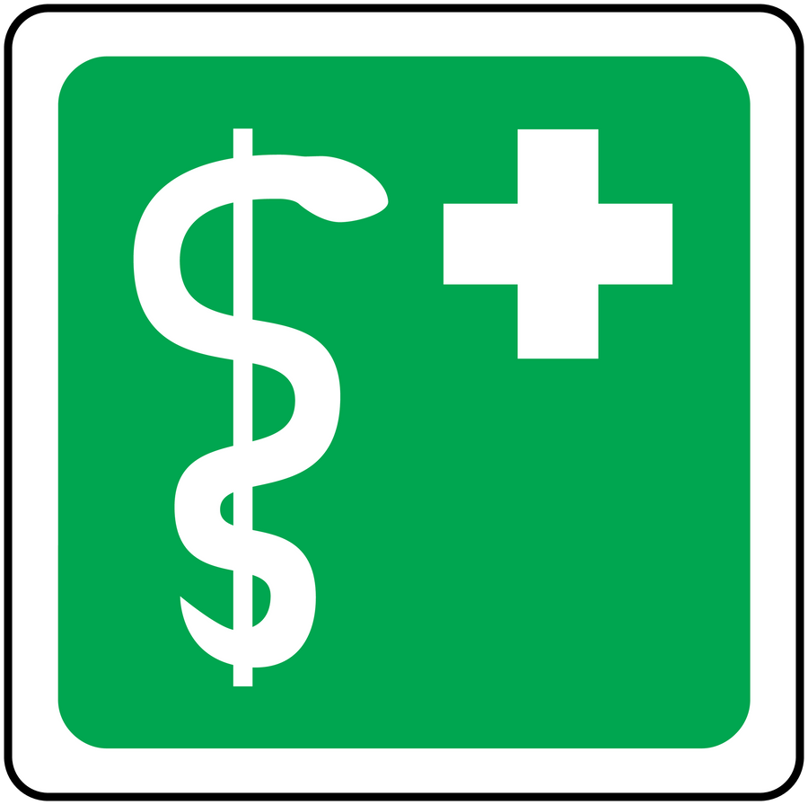 Green first aid sticker with white dollar sign and medical cross