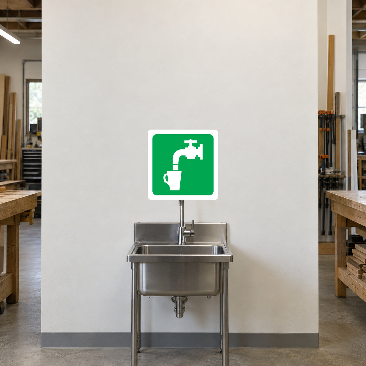 Drinking water sticker, green square with white faucet and water jug icon